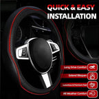 NBTEPEM Microfiber Steering Wheel Cover and Waterproof Car Floor Mats, Universal Fit Most Truck, SUV, Cars, 14.5-15inch Sporty Steering Wheel Covers with Anti-Slip Lining (Black with Red line)