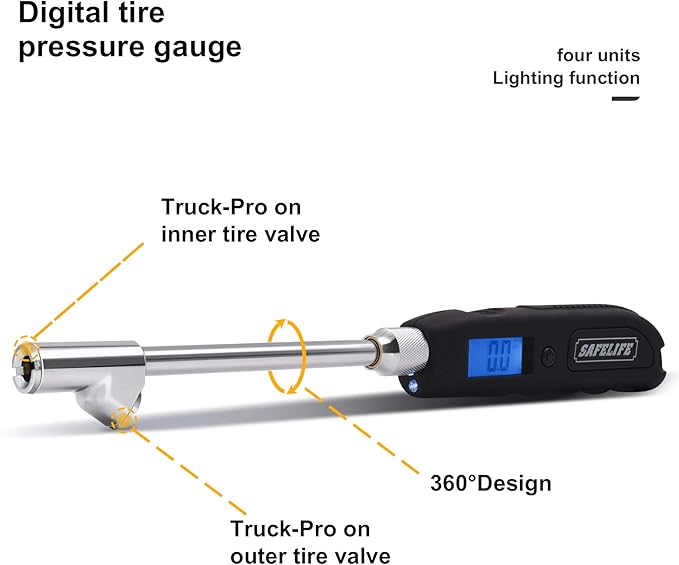 SAFELIFE Digital Tire Pressure Gauge, Heavy Duty Dual Head Stainless Steel Made Swivel Air Chuck Tire Pressure for Truck RV with Backlit LCD and Flashlight-230 PSI