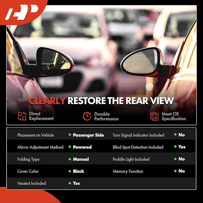 A-Premium Passenger Side Power Door Mirror - Compatible with Toyota Camry 2016 2017 - Heated Manual Folding Black Outside Rear View Mirror with Blind Spot Detection - Replace# 8790106051