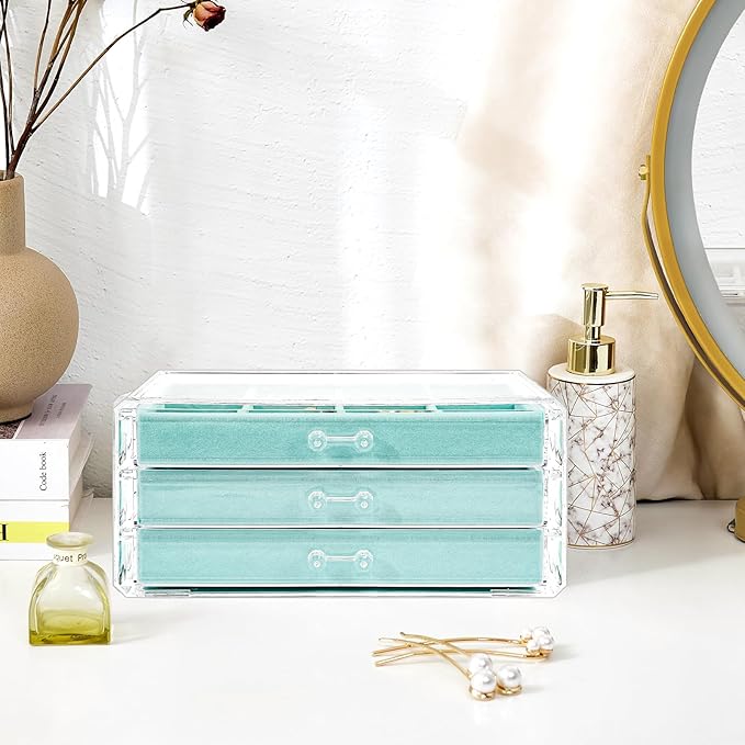 ProCase Earring Holder Organizer Jewelry Box with 3 Drawers, Acrylic Clear Earring Case with Adjustable Velvet Trays for Wome
