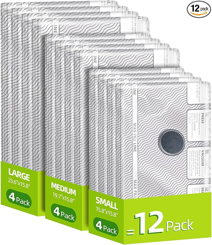 12 Pack Travel Vacuum Bags for Clothing,Compression Seal Packing Cubes for Suitcase Backpack,Vacuum Seal Bags for Clothing,Ca