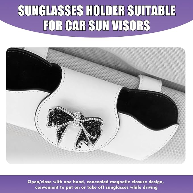 Bling Car Sunglass Holder, Rhinestone Bow Visor Storage Case for Sunglass Receipt Ornament, Soft Lining Anti-scratch Holder Clip, Interior Organizer Accessory for Cars (White)