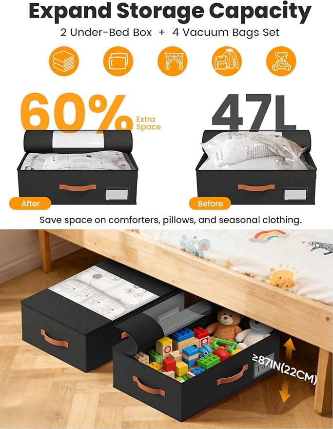 TOSKING 2-Pack Under Bed Storage Bins with Wheels and 4 Vacuum Seal Bags, Heavy Duty 80lbs Capacity,7.9"Height Clear Lid Orga