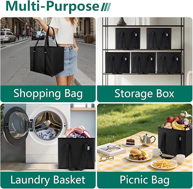 Reusable Grocery Bags Foldable 4-Pk, Heavy Duty Large Reusable Shopping Bags with Handles, Collapsible Tote