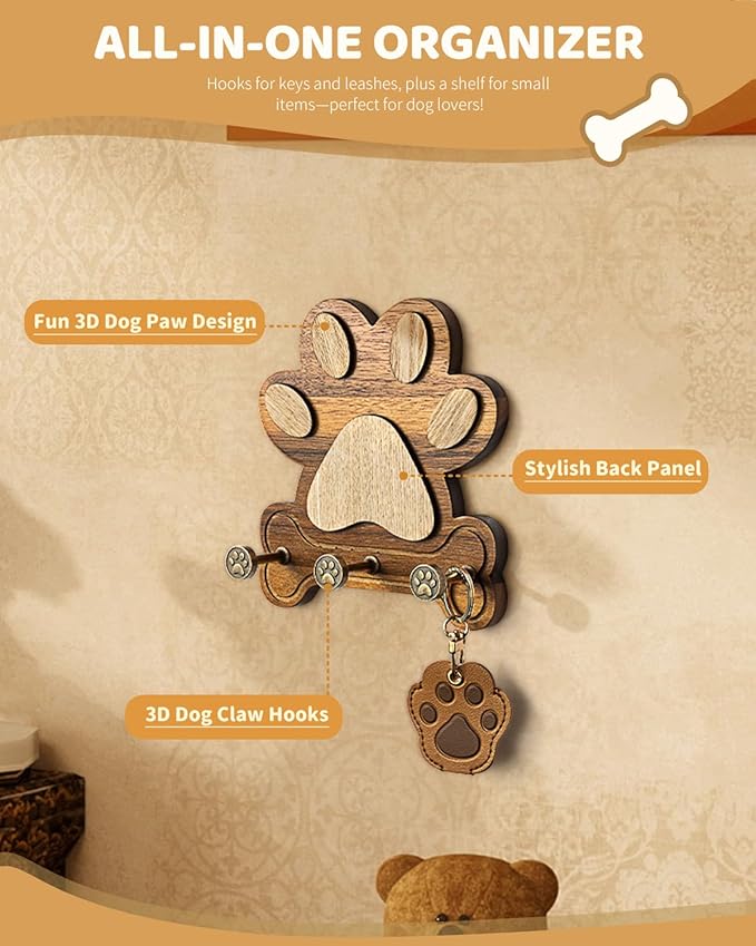 MTERSN Wooden Dog Leash Holder for Wall – Dog Leash Holder, Key Rack, and Coat Hanger – Rustic Farmhouse Wall Decor for Entry