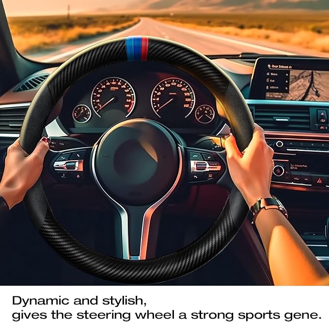 Carbon Fiber Steering Wheel Cover, Non-Slip and Sweat Absorbent, 15" Steering Wheel Covers for X5 X3 Men Women, Black (Black Suede ///)