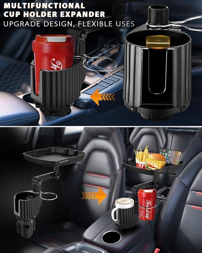 4-in-1 Car Cup Holder Expander Tray,Detachable Upgraded Food Tray Expandable Dual Cup with Phone Holder,360°Rotation Adjustable Base,Road Trip Essentials Accessories for Drinking and Eating