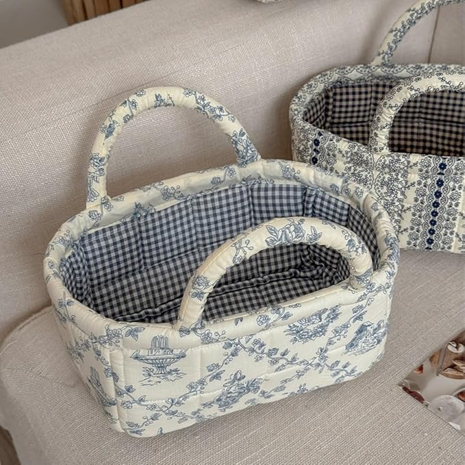 Small Storage Basket Organizer, Mini Fabric Floral Storage Baskets with Handle, Quilted Portable Collapsible Storage (Vine-Bl