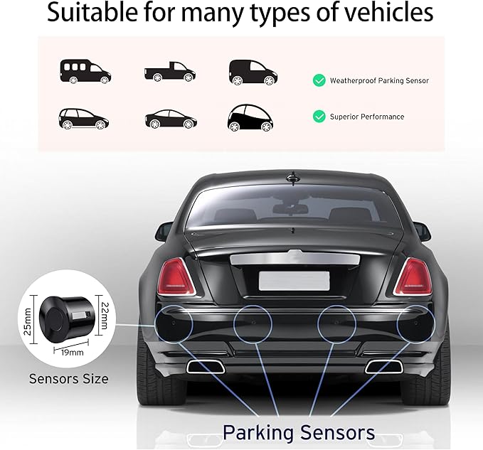 EKYLIN Cordless Parking Sensor, Reverse Sensor System with 4 Car Backup Sensors, LED Distance Display with Sound Warning + 4 Black Parking Sensors for Cars, Vans, RVs, and Trailers