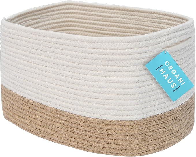 OrganiHaus Cotton Rope Basket for Shelf - Woven Storage Basket for Organizing, Closet & Toy Storage - Honey/Off-White - 15x9x
