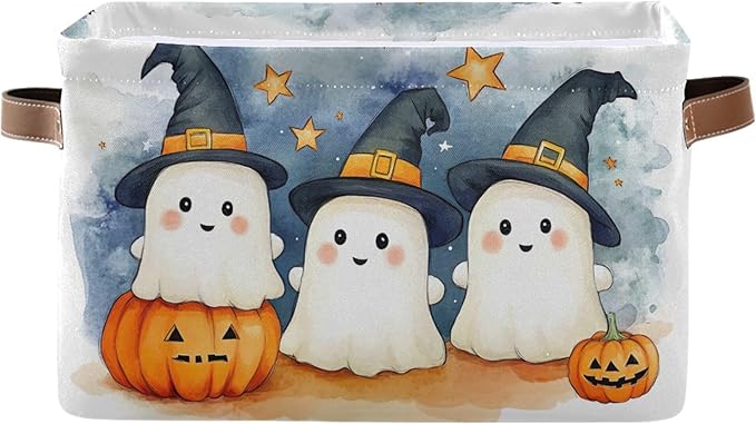 xigua Cute Cartoon Ghosts Storage Basket Foldable Storage Bin, Canvas Rectangular Storage Basket with Leather Handles for Hom