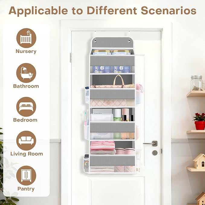 SpaceWhisper Over the Door Organizer, 4 Large Pocket Hanging Storage Organizer with 40lb Capacity, Space Saving for Nursery, 