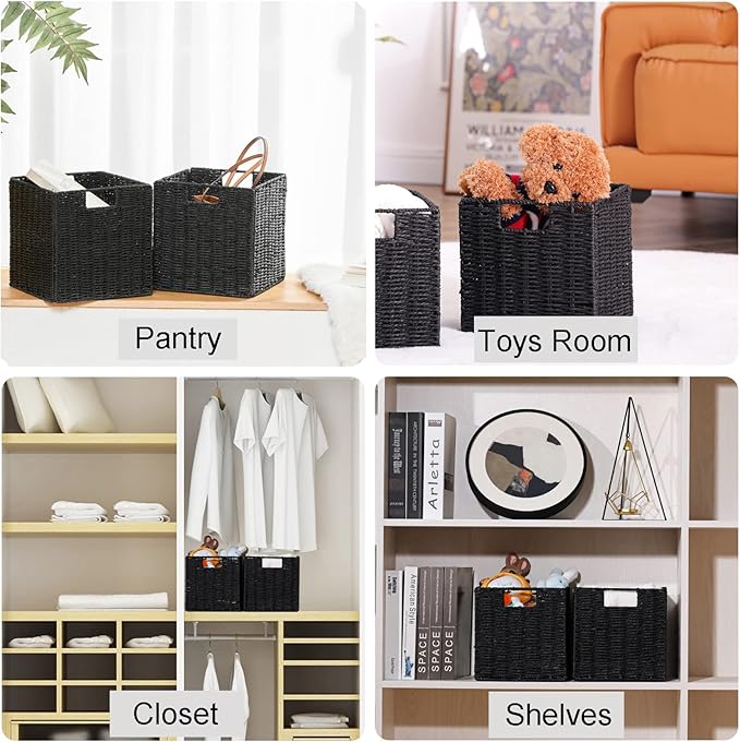 Vagusicc Storage Basket, Set of 2 Hand-Woven Storage Baskets for Organizing with Handles, Foldable Cube Storage Baskets Bins 