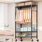 M MZG Heavy Duty Rolling Garment Rack 3 Tiers Adjustable Wire Shelving Clothes Rack with Rods and Side Hooks,Storage Closet C