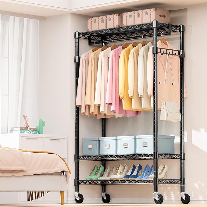 M MZG Heavy Duty Rolling Garment Rack 3 Tiers Adjustable Wire Shelving Clothes Rack with Rods and Side Hooks,Storage Closet C