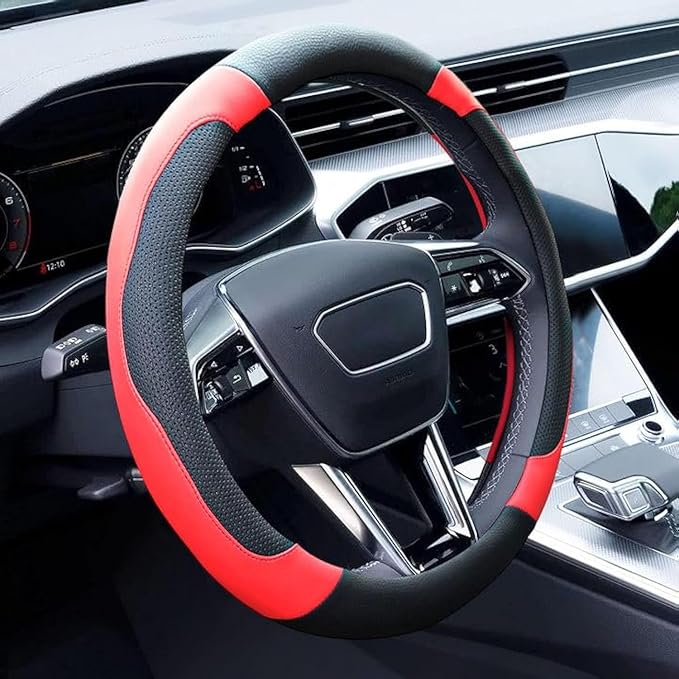 Xizopucy Black and Red Steering Wheel Cover Microfiber Leather Sporty Car Accessories for Men and Women,Breathable Non-Slip U
