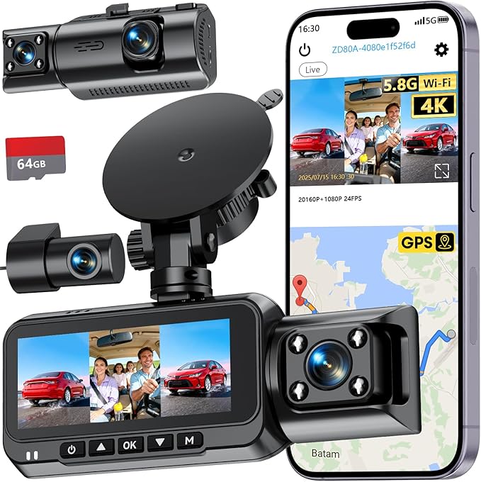 3-Channel Dash Cam 4K for Car: Front, Rear & Inside Dash Camera with 5.8G WiFi & GPS - 24H Parking Mode, 64GB Card for Ridesh