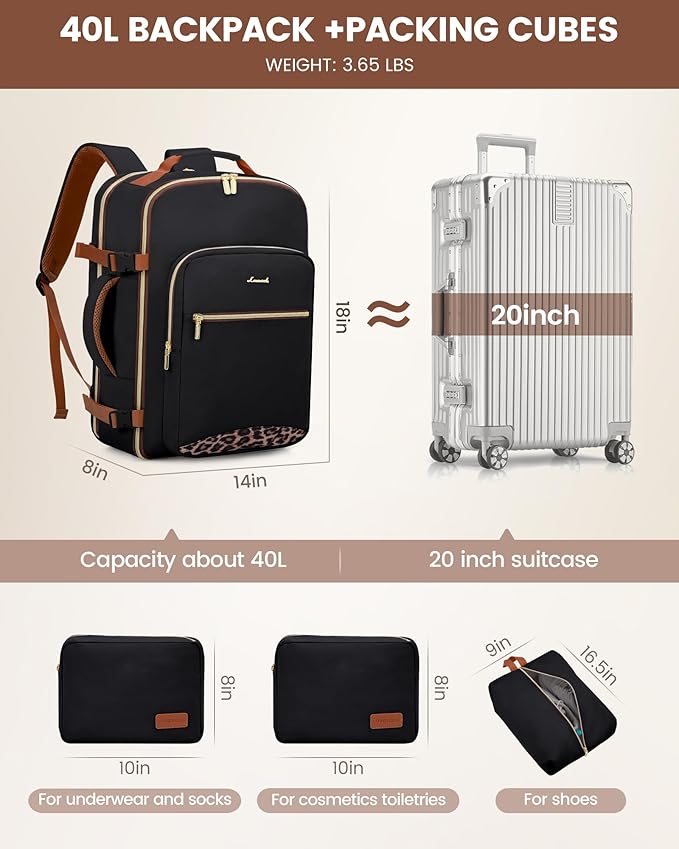 LOVEVOOK Travel Backpack for Women & Men 40L,Airline Approved Carry On Backpack Travel Essentials,TSA Carry on Luggage,Waterp