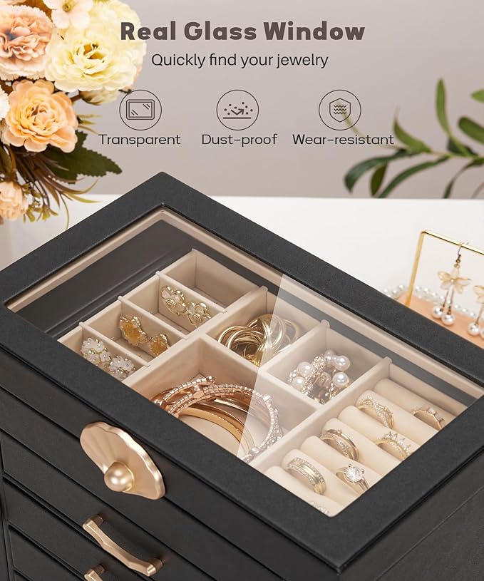 Enthralite Jewelry Box with 4 Drawers: Display Organizer for Earrings Necklaces - Gifts for Girls Women (Black)