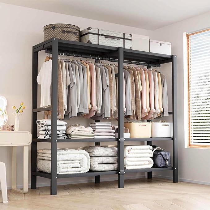 YTLEMON Heavy Duty Clothes Rack with Magnetic Door, Metal Foldable Covered Clothes Rack, Portable Wardroobe Closet System for