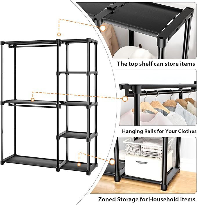 Mavivegue 4-Tier Portable Closet with Shelves & Hanging Rod - Portable Wardrobe Closet for Bedroom, Closet, Dorm - Easy Assem