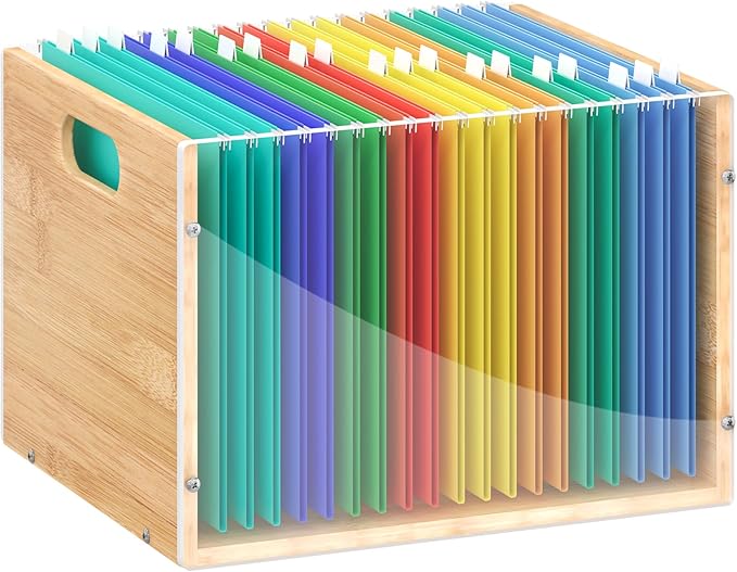 Sbanmao Clear Acrylic File Box Organizer, Bamboo Hanging Folder Storage Boxes, Filing Crate Bin Holder with Handle for Home O