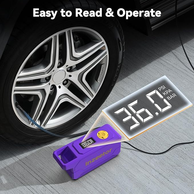 150 PSI Tire Inflator Portable Air Compressor, 12V DC Auto Shutoff Air Pump with Digital Pressure Gauge and Emergency LED Light for Car Tires, Bicycle & Balloons, Purple