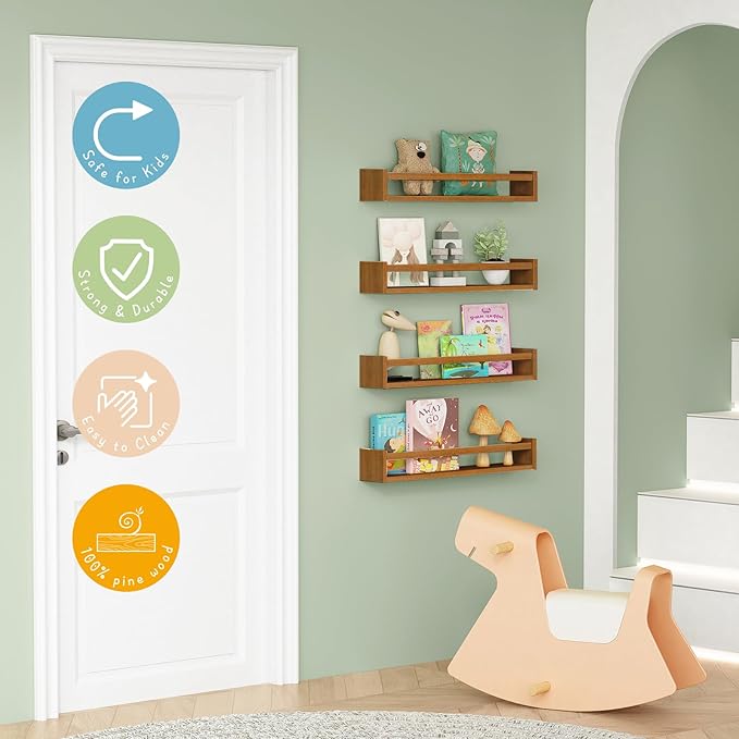 Forbena 24 Inch Wooden Floating Nursery Book Shelves for Wall, Walnut Nursery Bookshelf Wall Mounted for Kids Bedroom, Large 