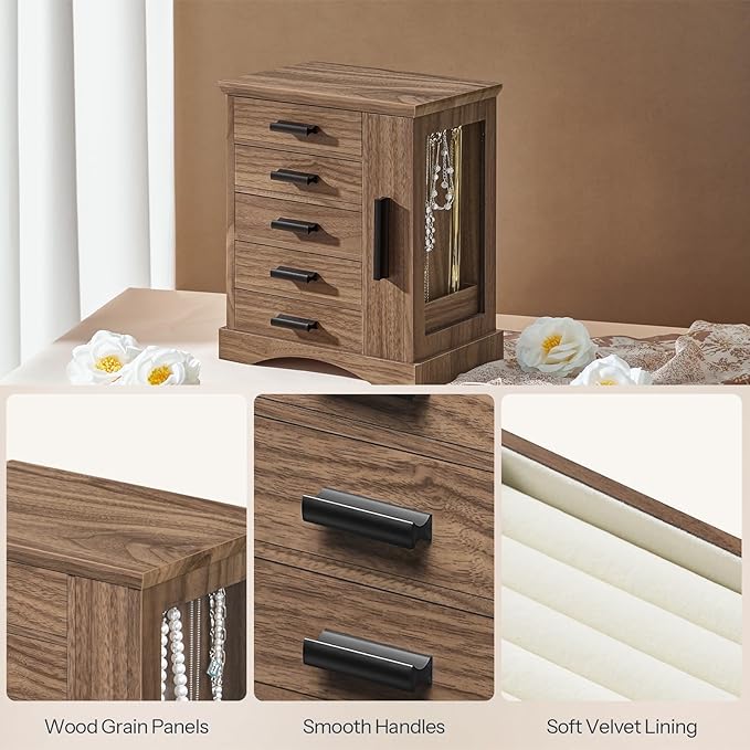 HOOBRO Jewelry Box for Women, Jewelry Organizer with Arc-Shaped Bottom, Wooden Jewelry Box, Side Transparent Window, Vertical