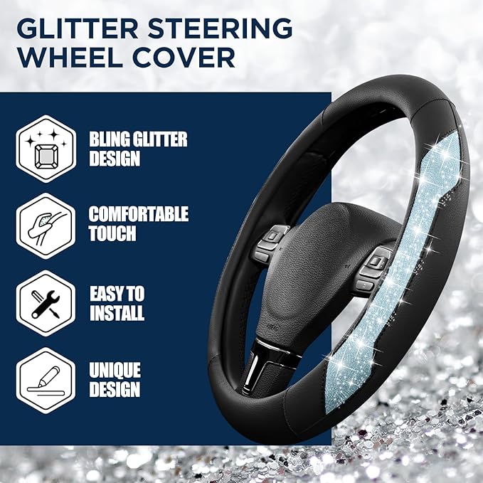 PIC AUTO Steering Wheel Cover, Light Blue Sparkly Crystal Bling Glitter with Leather, Universal Fit 14.5"-15.5" Steering Whee