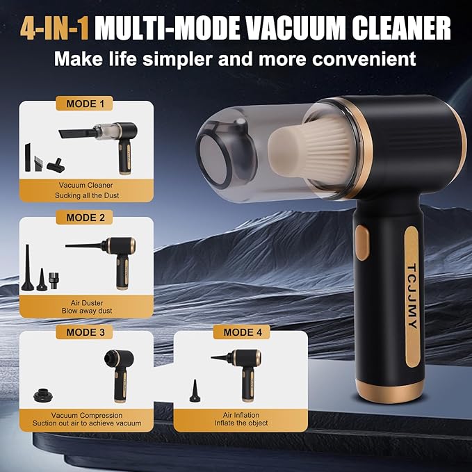 4-in-1 Cordless Car Vacuum Cleaner, 14000PA Powerful Handheld Vacuum with Air Duster & Inflator, Portable Rechargeable Vacuum