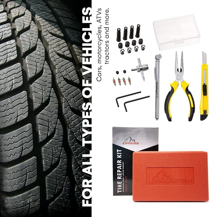 Tire Repair Kit by Boulder Tools - Heavy Duty Plug Kit for Cars, Trucks, Motorcycles, ATVs - Complete Flat Fix Automotive Tools Set with Storage Case, Valve Tool, Pliers, and Repair Plugs