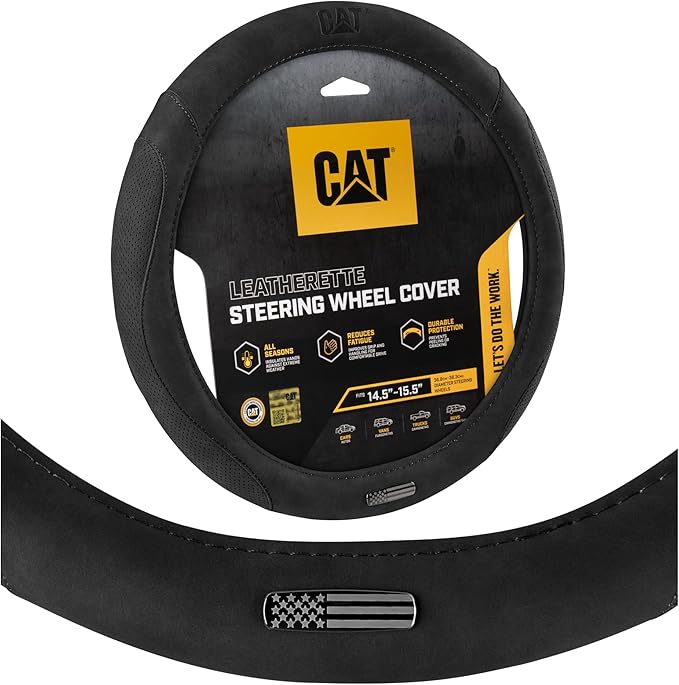 Cat® US Flag Leather Steering Wheel Cover w Metal Flag Emblem, Black Leatherette, Standard 14.5–15.5 Inch, Non Slip Comfort, Car Steering Wheel Cover for Truck SUV Auto, American Flag Car Accessories
