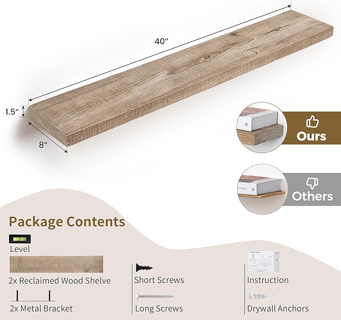 Floating Shelves Reclaimed Barnwood, 8" Deep Solid Wood Floating Shelf Wall Hanging Shelves with Invisible Heavy-Duty Metal B