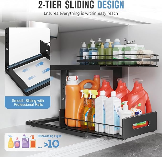 Under Sink Organizer Upgrade To Professional Rails,2-Tier Dual Pull Out Cabinet Storage,Height Adjustable Slide Out Drawers F