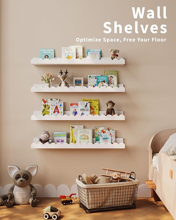 Shario Nursery Book Shelves, 4-Pack White Floating Shelves for Wall Kids, Scalloped Shelves, Wall Book Shelves for Bedroom Ki