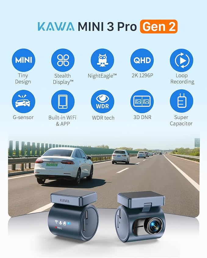 KAWA 2K Dash Cam for Cars with Voice Control - Stealth Display Tiny Dashcam Front Included 32GB Micro SD Card, Super Night Vi