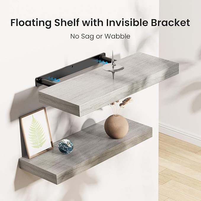 AMADA HOMEFURNISHING Floating Shelves, Wall Shelves for Bathroom/Living Room/Bedroom/Kitchen Decor, Grey Shelves with Invisib