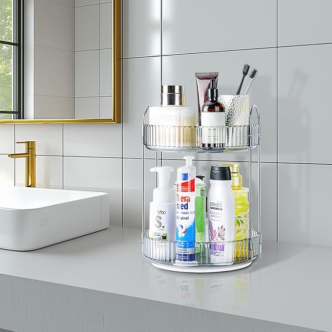 360 Rotating Makeup Organizer, 2 Tier Lazy Susan Bathroom Counter Organizer, Skincare Organizers, Spinning Perfume Organizer 