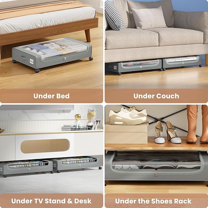 Under Bed Storage Containers with Clear Lid, Large Under Bed Storage with Wheels,6.22"H Under Bed Containers Rolling Under Be