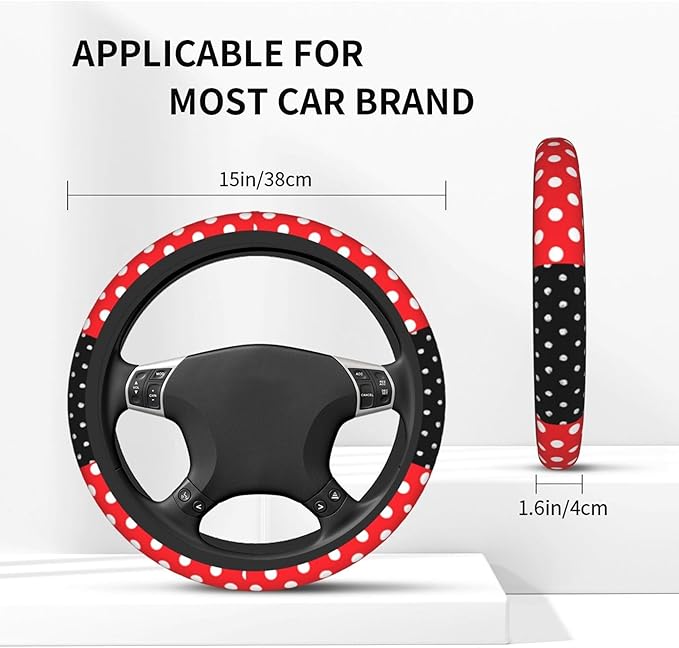 Cute Red Polka Dots Steering Wheel Cover for Women,Universal Fit 14-15 inch, Fashion Automotive Interior Decorative,with 2 Pa