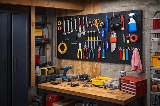 Peg Board Wall Organizer, Black Metal Pegboard Organizer, 2 Metal Pegboard Panels(12"x24") with 68 Accessories, Wall Mount La