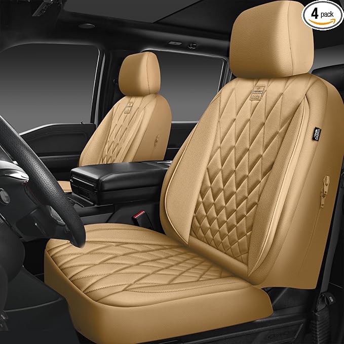 CAR PASS Piping Luxury PU Leather Two Front Car Seat Covers, Waterproof Anti Slip Seat Covers Compatible with Front Seat Armr