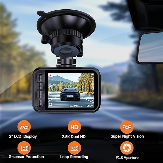Dash Cam Front and Rear, 2.5K Dual Dash Camera for Cars, 2560P Mini Car Camera, 2 inch IPS Screen, WDR Night Vision, 24 Hours