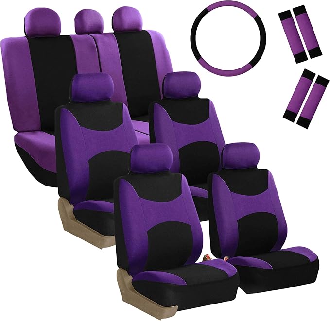 FH Group Light & Breezy Cloth Car Seat Covers, 7 Seater Three Row Set- Airbag & Split Ready -Universal for Cars Trucks and SU