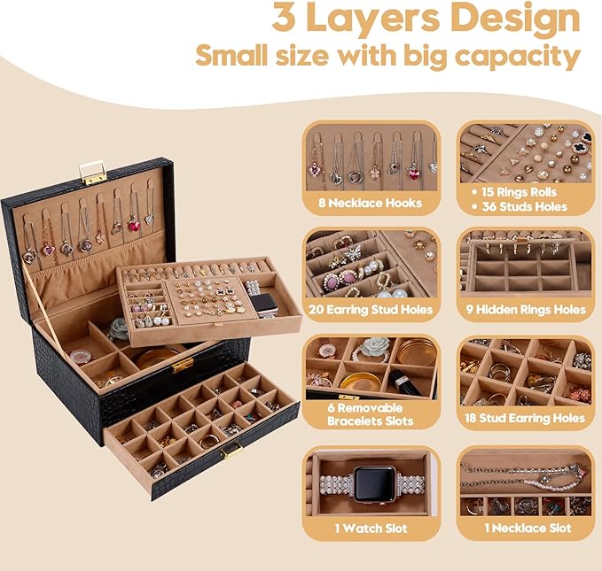 Gifturbo Jewelry Box for Women,Jewelry Boxes for Girls, 3 Layers Large Travel Jewelry Storage Organizer Box for Earring,Ring,