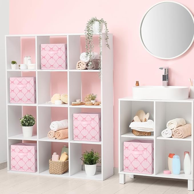 Geelin 6 Pcs Light Pink Bow Cube Storage Bins 11 Inch Storage Basket with Handle, Preppy Girls Organizer Basket, Collapsible 