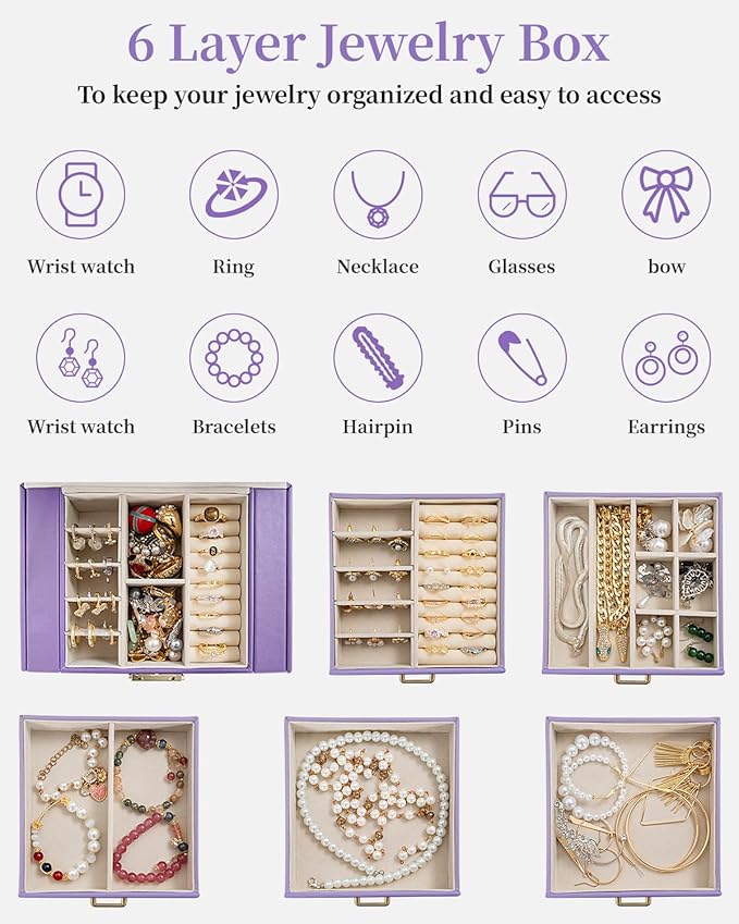 TORIBIO Large Jewelry Box for Women, Leather Jewelry Organizer with Mirror & Lock, 6-Tier Jewelry Storage Case for Girls/Wome