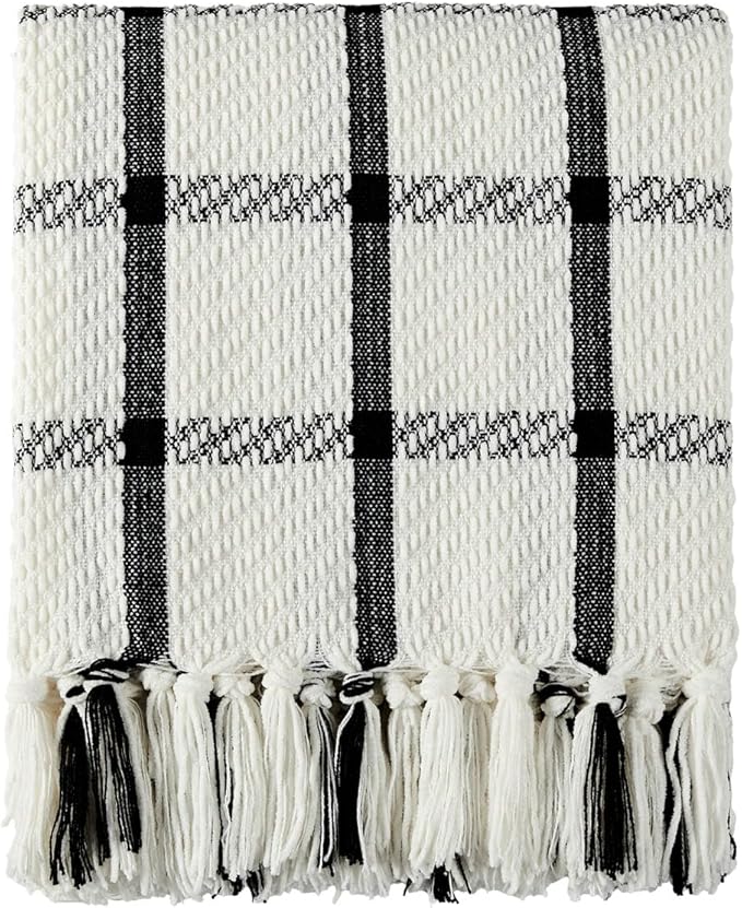 CREVENT 50"X60" Farmhouse Breathable Soft and Warm Chenille Plaid Throw Blanket for Sofa Couch Bed, Home Decoration Throw wit