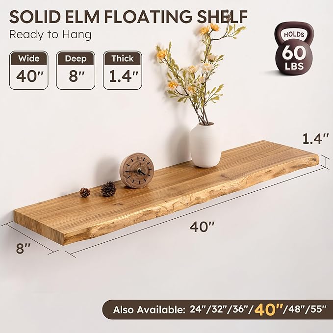 Live Edge Floating Shelf, 40 Inch Rustic Solid Elm Wood - Natural Wood Tone with Invisible Brackets, Wall Mounted for Living 